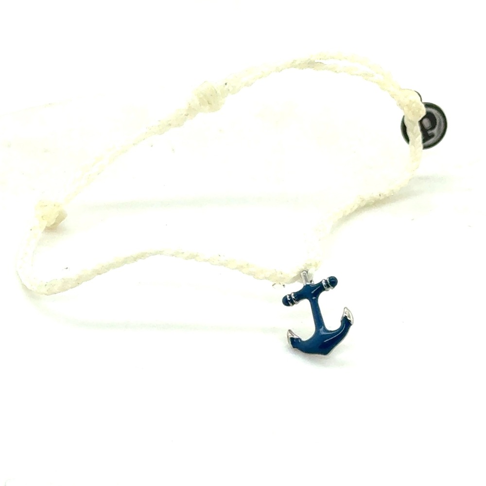 Pura Vida Blue Anchor Charm Adjustable String Bracelet Cream Nautical Coastal